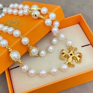 Gold and White Pearl Double Strand Necklace with Gold Pendant